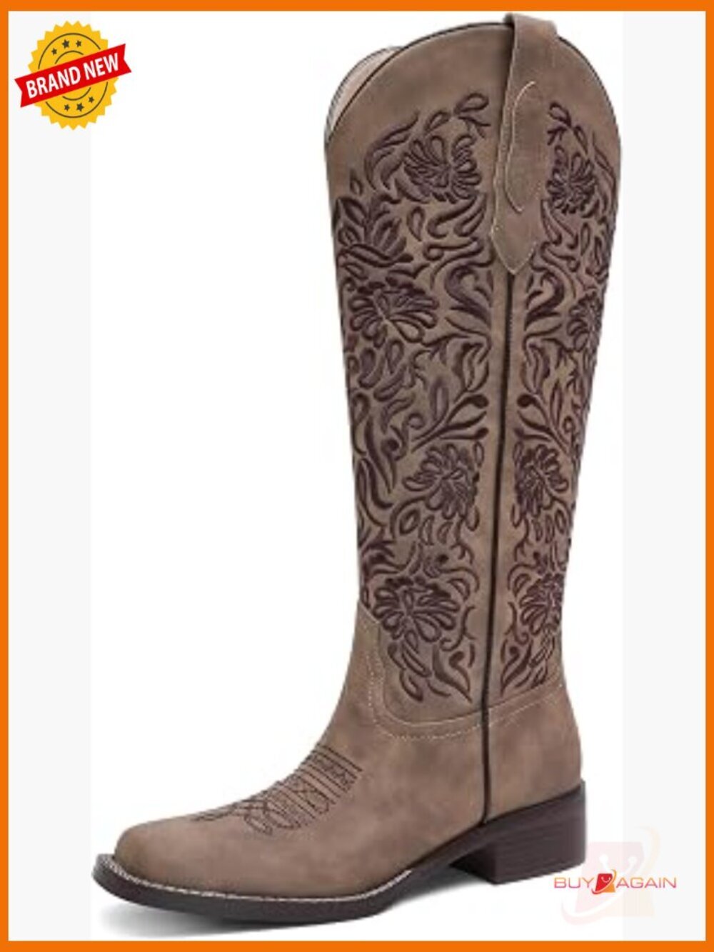 Embroidered Knee High Cowgirl Boots Square Toe Low Block Heel Pull On